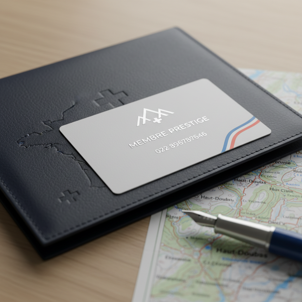 A detailed close-up of a high-quality membership card resting on a dark navy leather folder embossed with a subtle Swiss cross and French outline. The card shows a refined logo combining stylized mountain peaks and a discreet tricolor ribbon, printed on matte, thick white cardstock with raised silver lettering. The folder lies on a light oak desk, where a precise blue fountain pen and a neatly folded map of the Haut-Doubs region peek into the frame. Soft, diffused overcast light from above creates even illumination with gentle shadows under the card edges. Captured from a slightly elevated angle with shallow depth of field, the focus emphasizes the textures of leather, paper, and metal. The overall atmosphere is trustworthy, organized, and professional, in clean photographic realism.