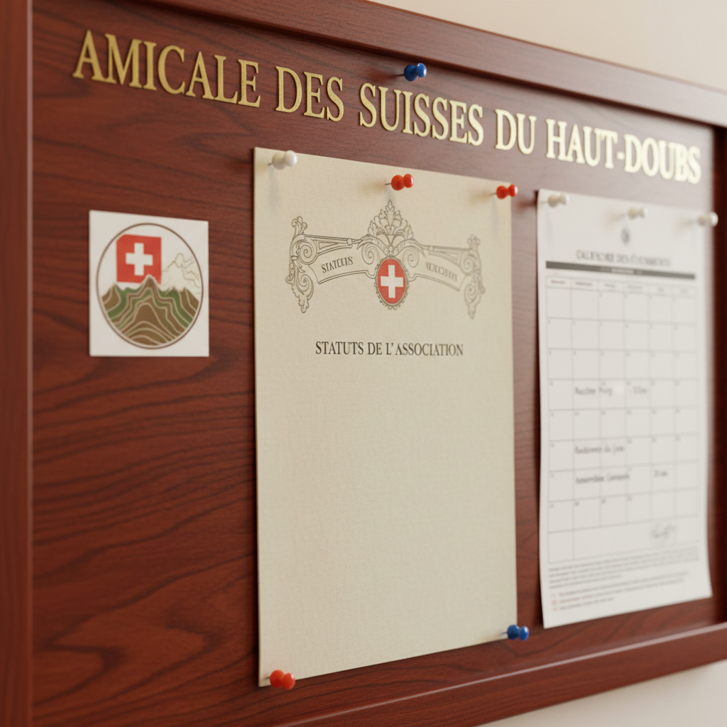 A close-up of a polished wooden notice board dedicated to the Amicale des Suisses du Haut-Doubs, the grain of the wood clearly visible beneath a satin finish. On the board, neatly pinned documents include an association charter with an elegant header, a calendar of upcoming events in the Haut-Doubs, and a small, tasteful emblem combining the Swiss flag and contour lines of the Jura mountains. Pushpins in coordinated red, white, and blue hold the papers perfectly flat. Overhead warm office lighting casts soft, uniform illumination with minimal shadows, highlighting paper textures and printed details. Captured at a slight angle with a shallow depth of field, the central emblem and main documents are in sharp focus while the edges softly blur. The mood is organized, approachable, and distinctly institutional, rendered in clear photographic realism.