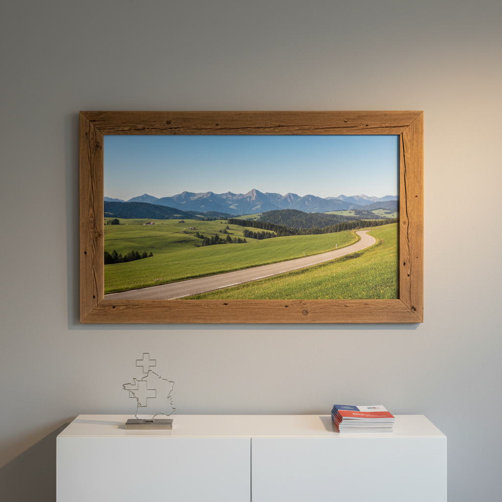 A panoramic view of a serene Haut-Doubs landscape framed by a sturdy wooden border on a neutral gray wall, the photograph itself showing rolling green pastures, a winding road, and distant Jura mountains under a crisp blue sky. In the foreground, a minimalist white sideboard holds a small metal sculpture combining the shapes of a Swiss cross and a subtle map of France, alongside neatly arranged brochures in red, white, and blue tones. Warm, indirect studio lighting from above and the right highlights the frame and sculpture, casting soft shadows that add depth without harsh contrasts. Shot straight-on with sharp focus throughout, the composition feels balanced and structured. The mood is calm, stable, and proudly regional, captured in realistic, high-resolution photographic style appropriate for an association’s homepage hero image.