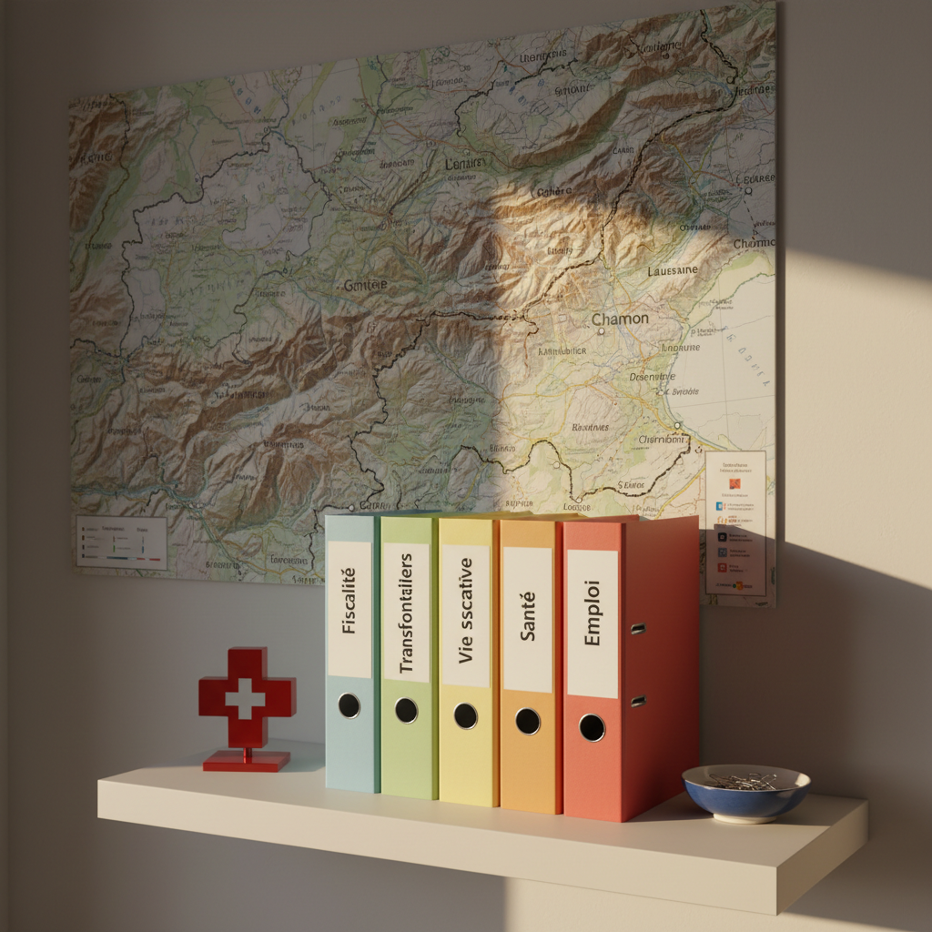 A carefully arranged information corner featuring a large wall map of the Franco-Swiss border region, printed on textured matte paper with precise topographic lines and clearly marked towns. Beneath the map, a sleek white shelf supports an orderly row of binders labeled with topics like “Fiscalité”, “Transfrontaliers”, and “Vie associative”, all in uniform typography and subtle color coding. A small red metal Swiss cross and a blue porcelain dish add discreet color accents. Natural afternoon light enters from the right, creating soft highlights on the map’s contours and gentle, directional shadows along the binders’ spines. Photographed from a slightly oblique angle with medium depth of field, the scene is crisp yet not clinical. The atmosphere conveys reliability, structure, and practical support in a realistic, documentary photographic style.